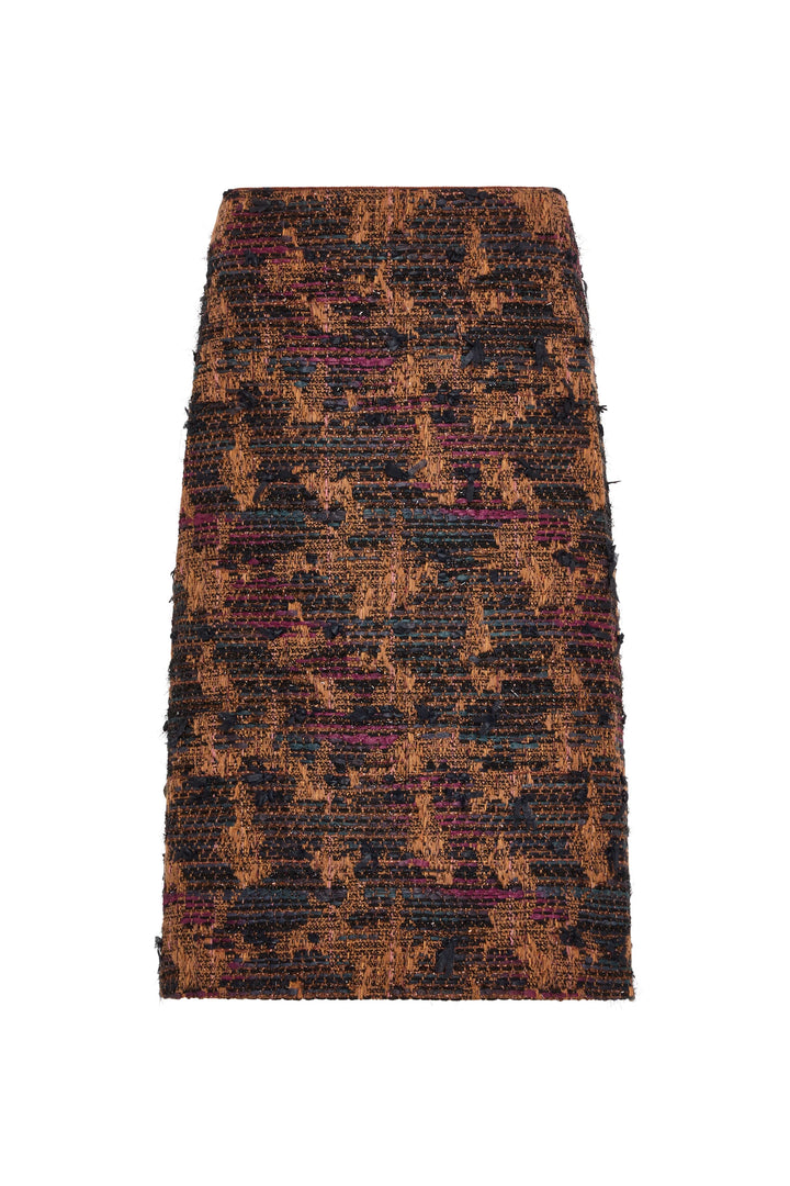 Midi tweed skirt with textured woven fabric and tailored seams, slight A-line silhouette; front view on white.