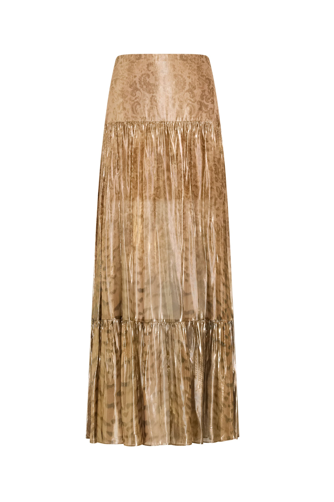 Gold tiered midi skirt, sheer metallic finish, subtle tiger print jacquard. Front view on white.
