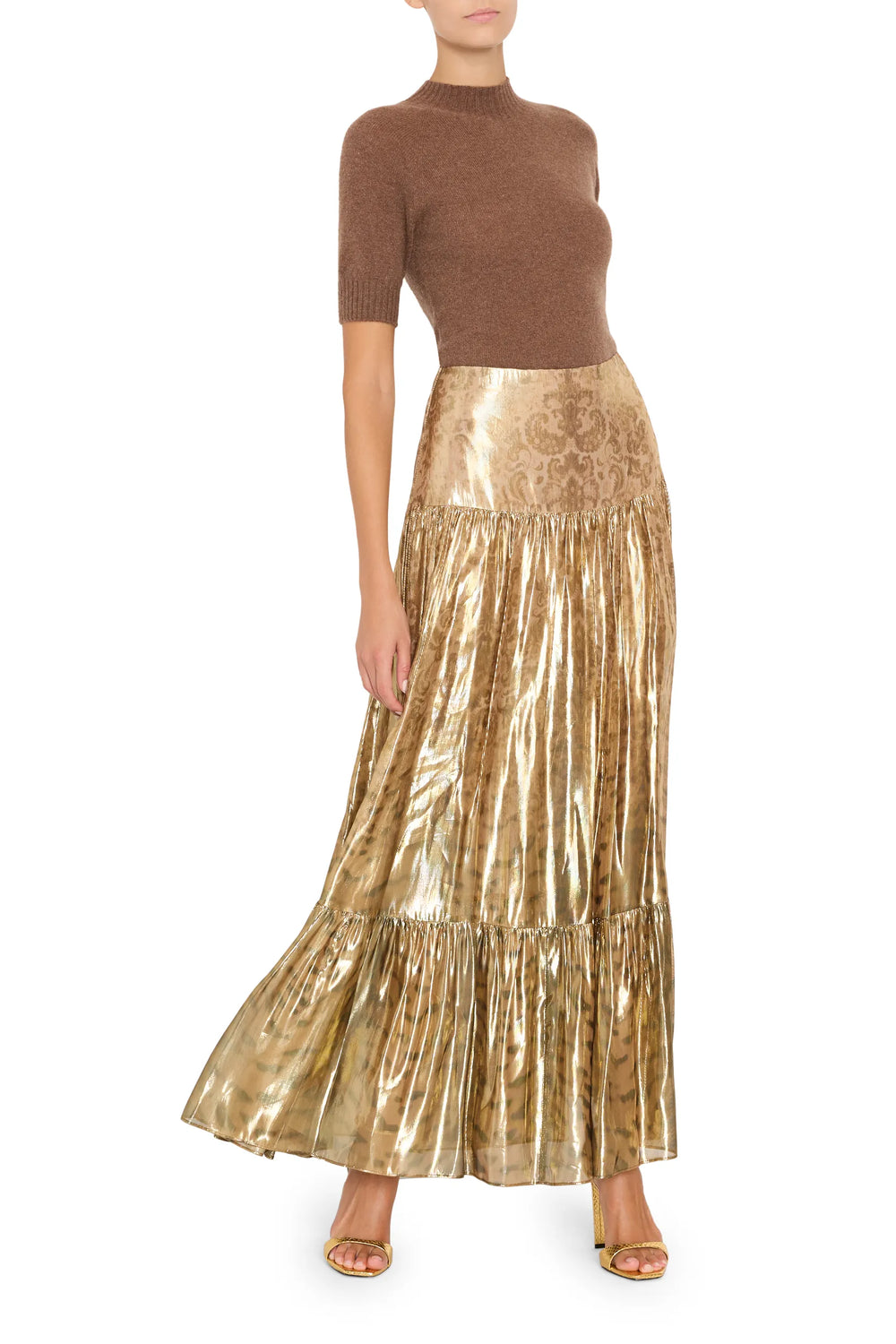 Metallic midi skirt with tiger print, straight silhouette, smooth waistband. Front view on model.
