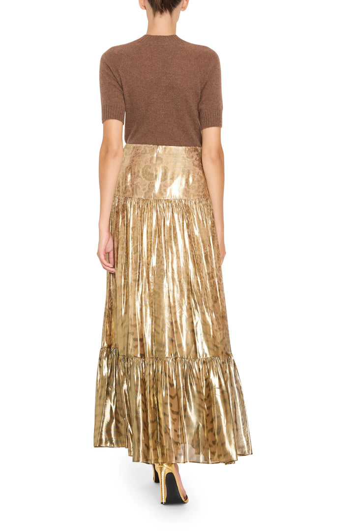 Metallic tiger print skirt with straight silhouette and fitted waist, back view on model.