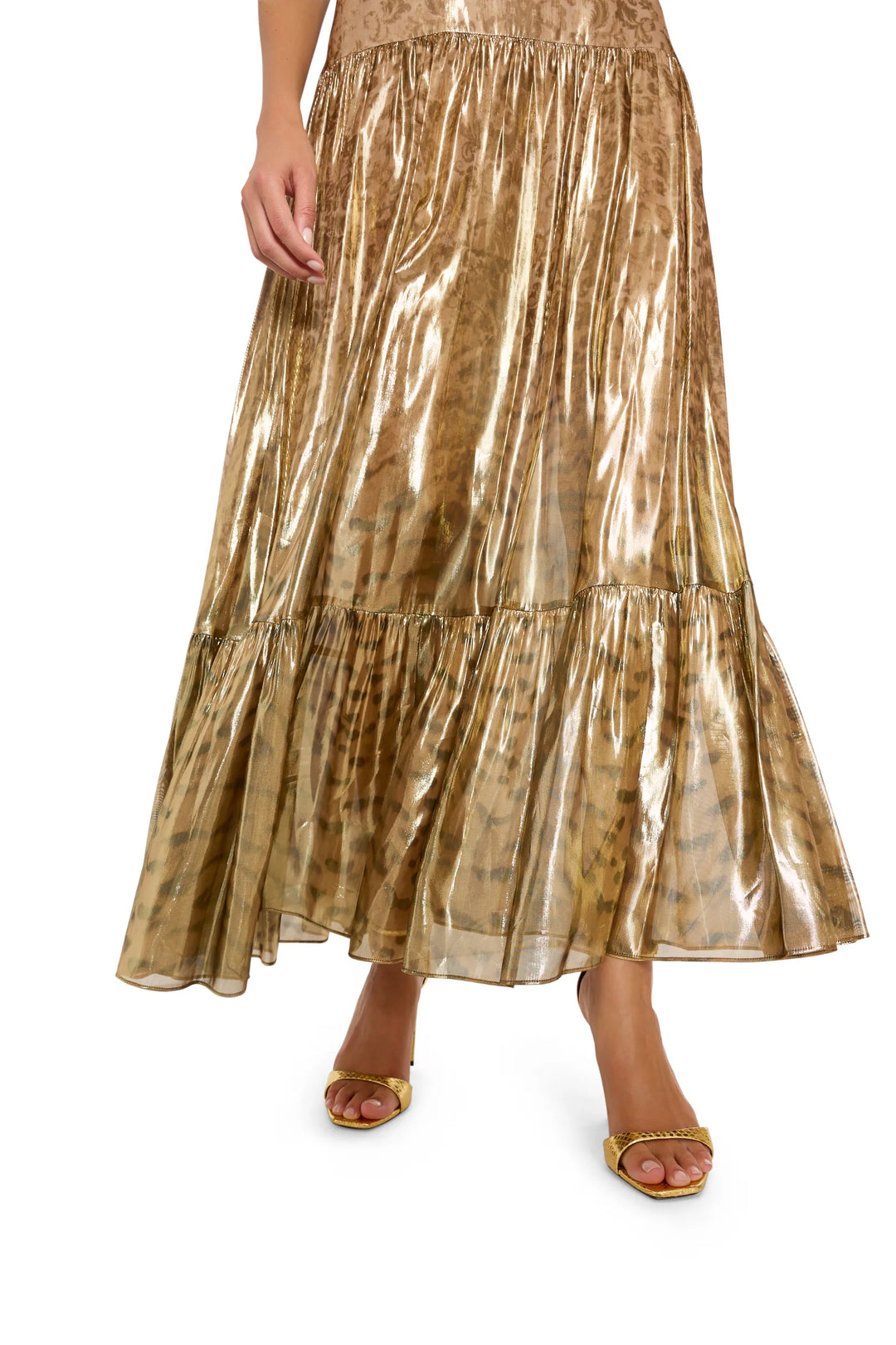 Metallic Tiger Print Skirt with straight silhouette, knee length, soft drape; front view on model.