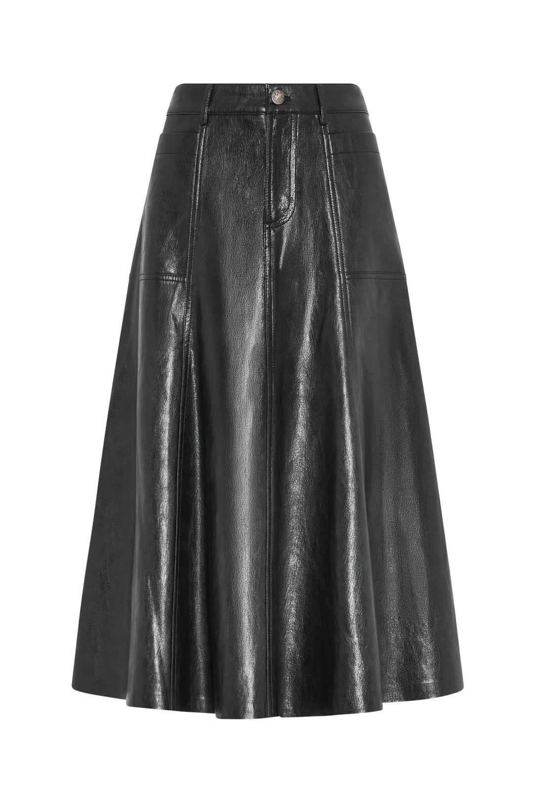 A-line silhouette vegan leather skirt with front buttons, pocket stitching, structured seams; front view on white.
