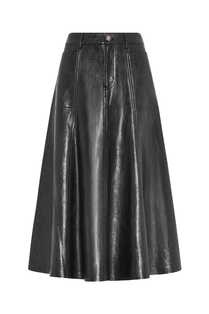 A-line silhouette vegan leather skirt with front buttons, pocket stitching, structured seams; front view on white.