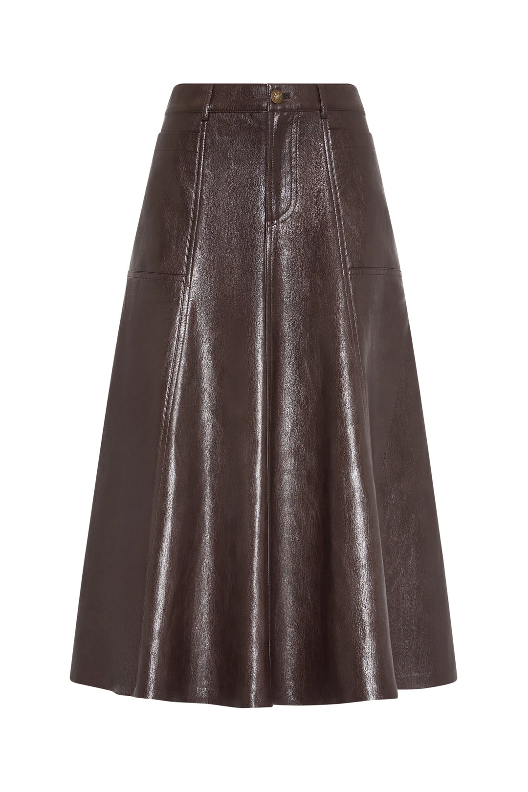 A-line vegan leather skirt with front seams, pockets, and waistband in knee length; front view on white.