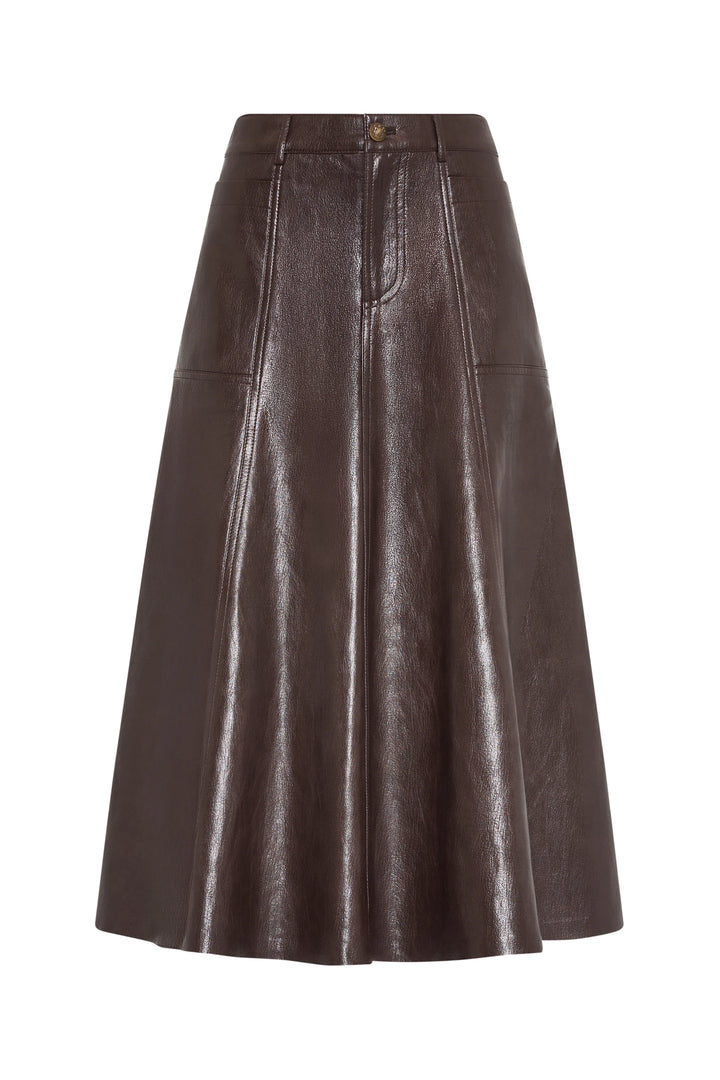A-line vegan leather skirt with front seams, pockets, and waistband in knee length; front view on white.