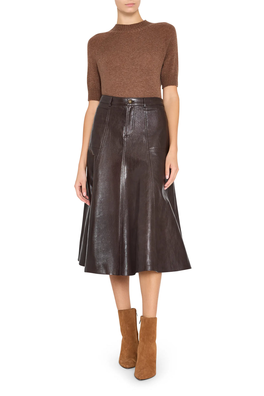 Ellen Vegan Leather Skirt, midi silhouette, smooth vegan leather, paneled construction; front view on model.