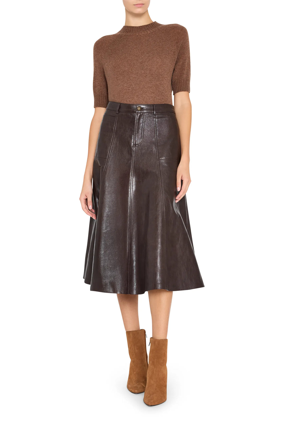 Ellen Vegan Leather Skirt, midi silhouette, smooth vegan leather, paneled construction; front view on model.