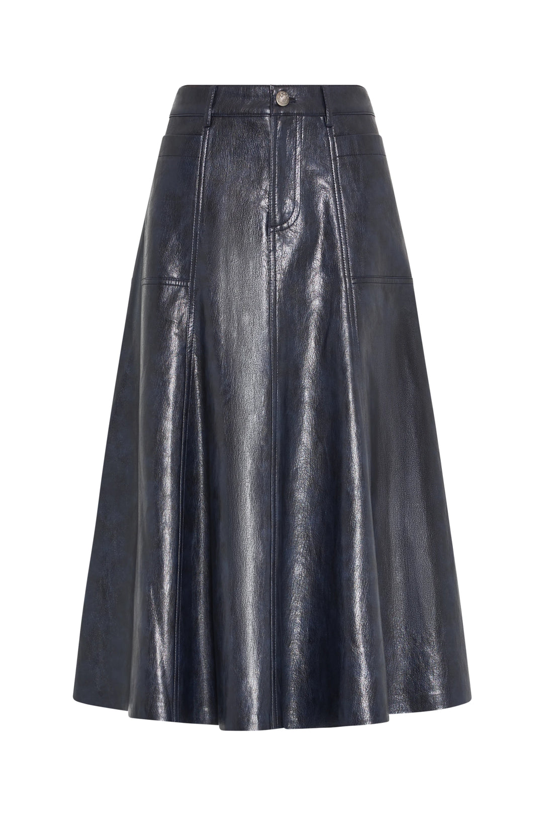 A-line vegan leather skirt, knee-length, front buttons and seams, structured silhouette; front view on white.