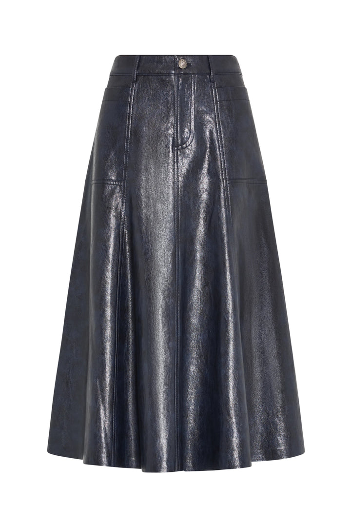 A-line vegan leather skirt, knee-length, front buttons and seams, structured silhouette; front view on white.