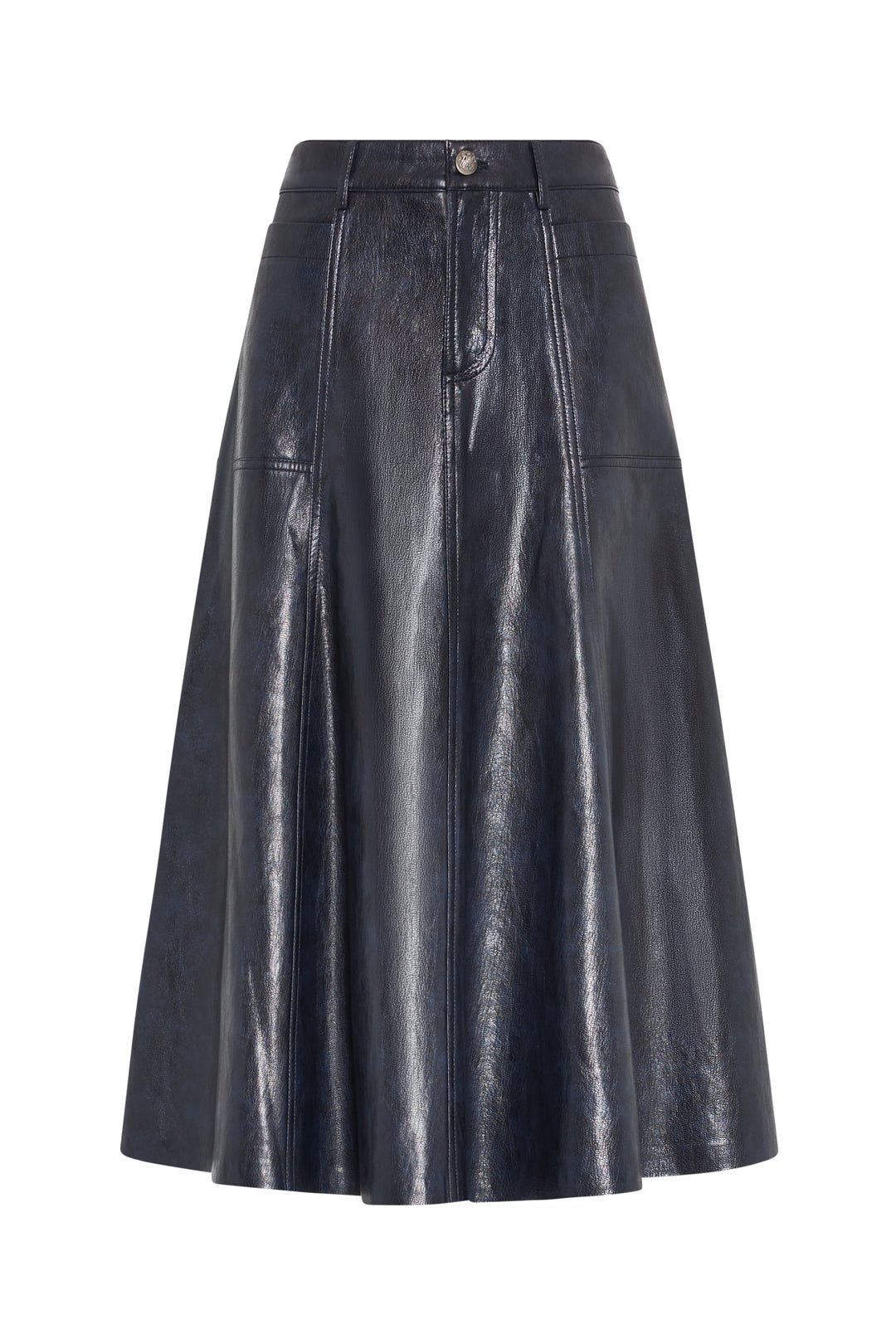 Navy vegan leather A-line skirt, knee-length, button waist, stitch details shaping silhouette. Front view on white.