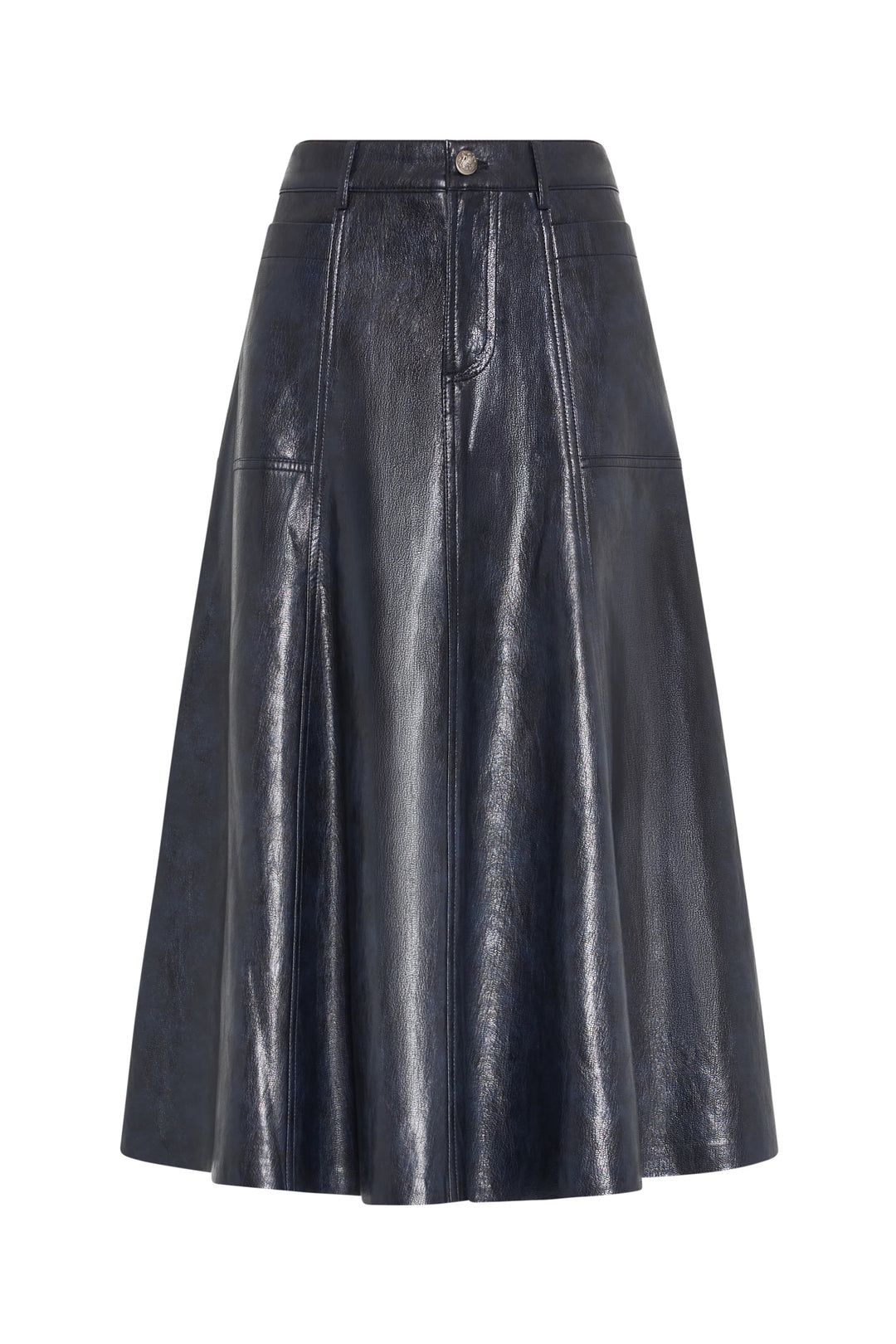 A-line knee-length vegan leather skirt with front buttons and paneled construction. Front view on white.