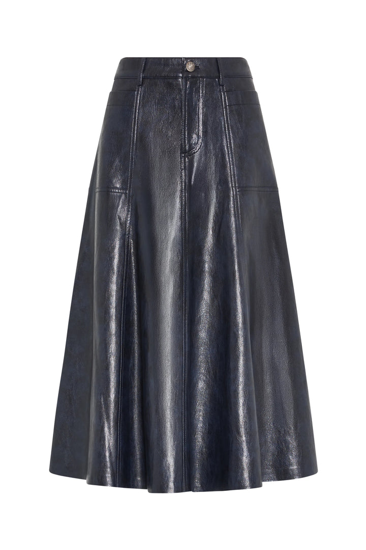 A-line knee-length vegan leather skirt with front buttons and paneled construction. Front view on white.