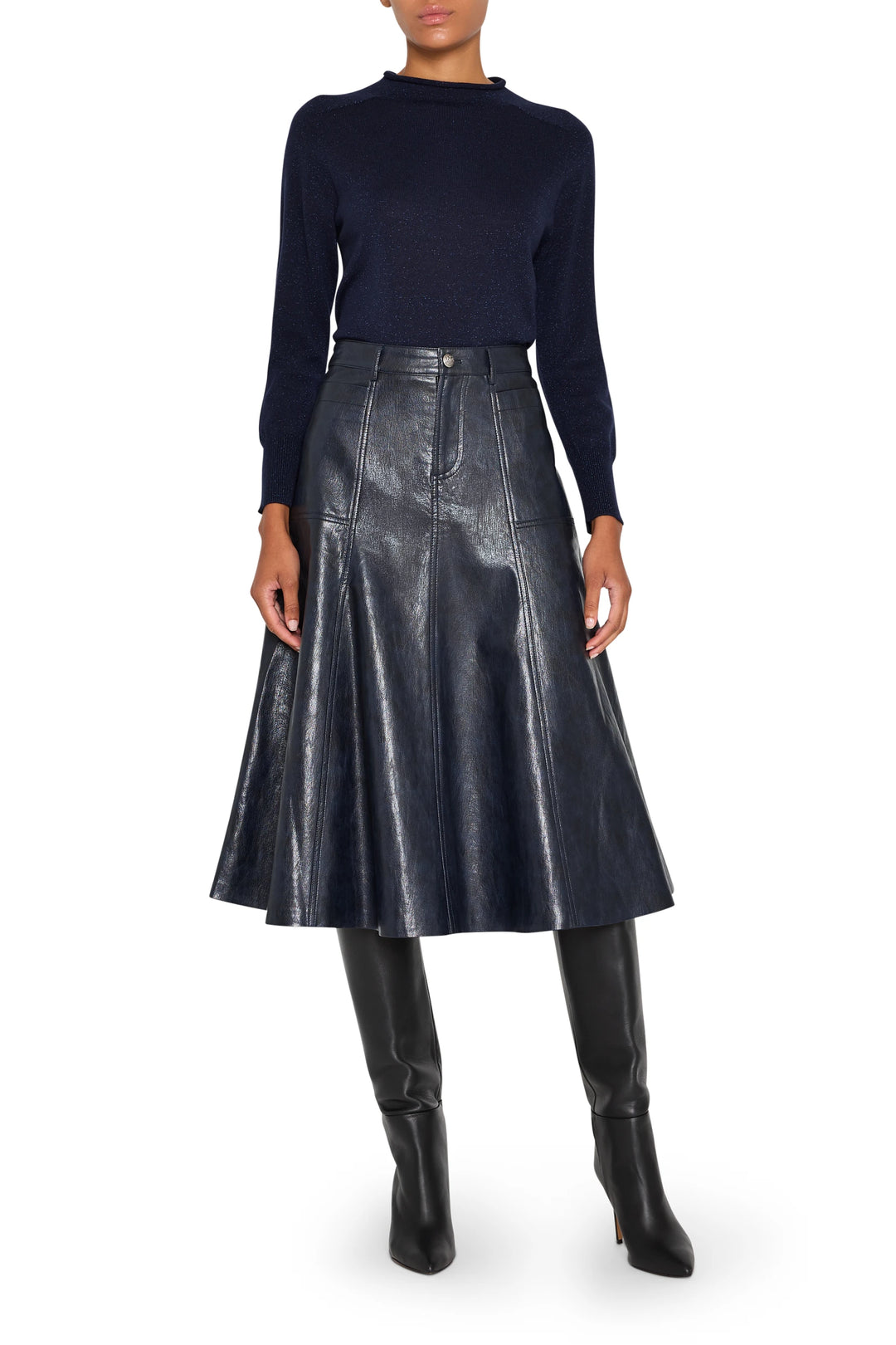 Vegan leather skirt with a knee-length straight silhouette and clean lines, front view on white.