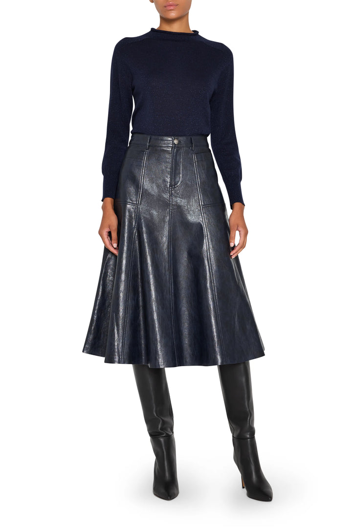 Vegan leather skirt with a knee-length straight silhouette and clean lines, front view on white.