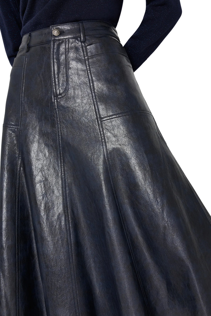 Faux leather midi skirt with clean lines and slight sheen, structured silhouette; front view on white.