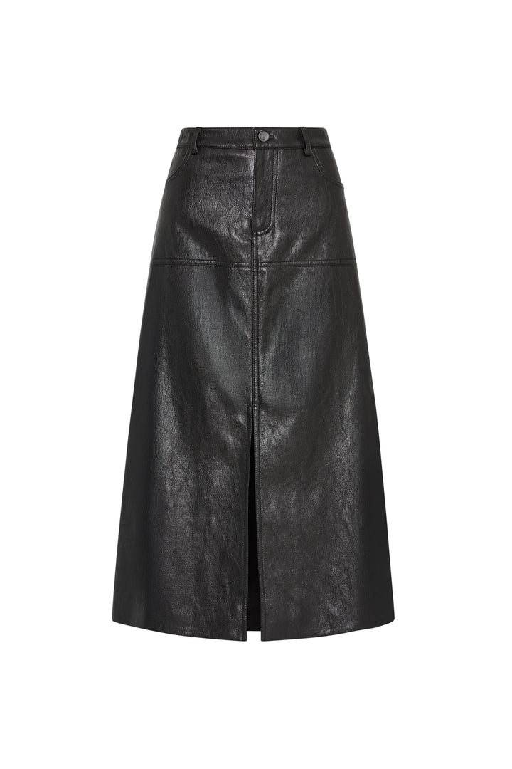 Black vegan leather pencil skirt, front slit, belt loops, button-zip closure, tailored silhouette; front view on white.