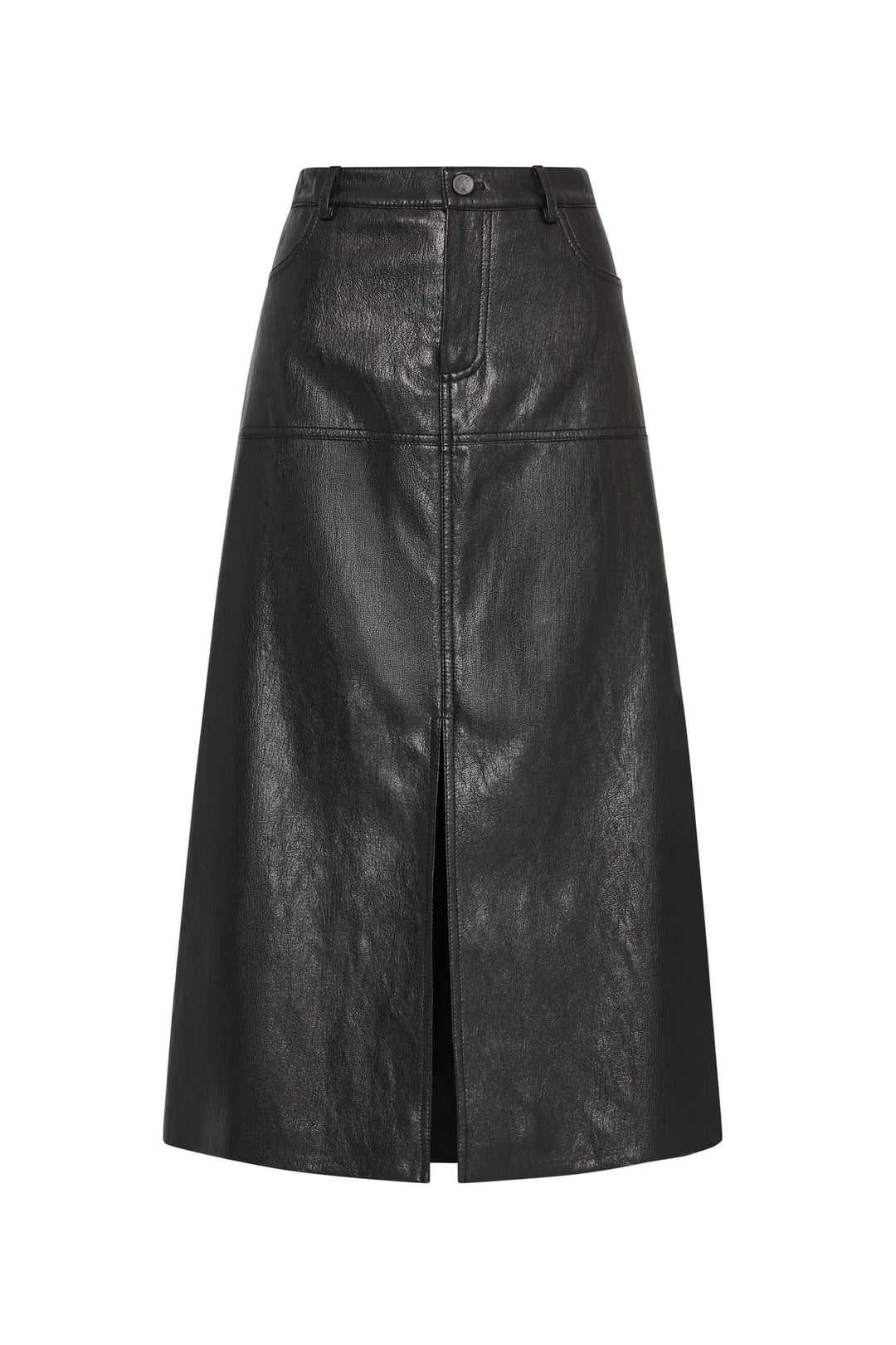 Vegan leather pencil skirt with front seams, front slit, and belt loops, fitted silhouette. Front view on white.