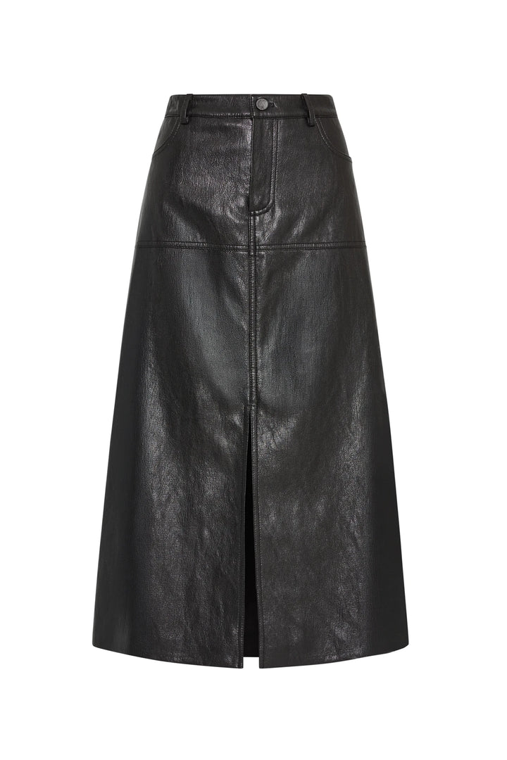 Vegan leather pencil skirt with front seams, front slit, and belt loops, fitted silhouette. Front view on white.