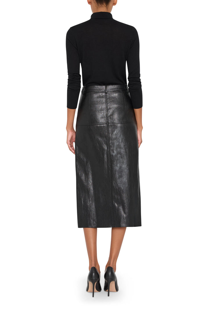 Vegan leather pencil skirt with tailored silhouette and sleek finish, back view on model.