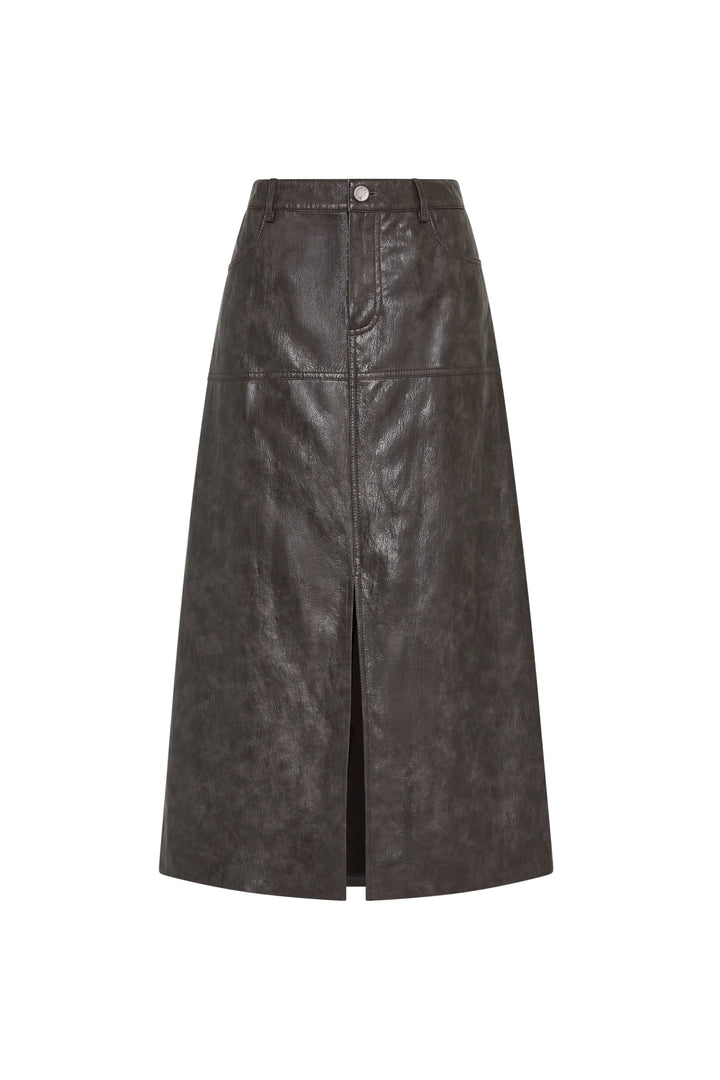 Black faux leather pencil skirt, front slit, belt loops, button waist closure; sleek silhouette; front view on white.
