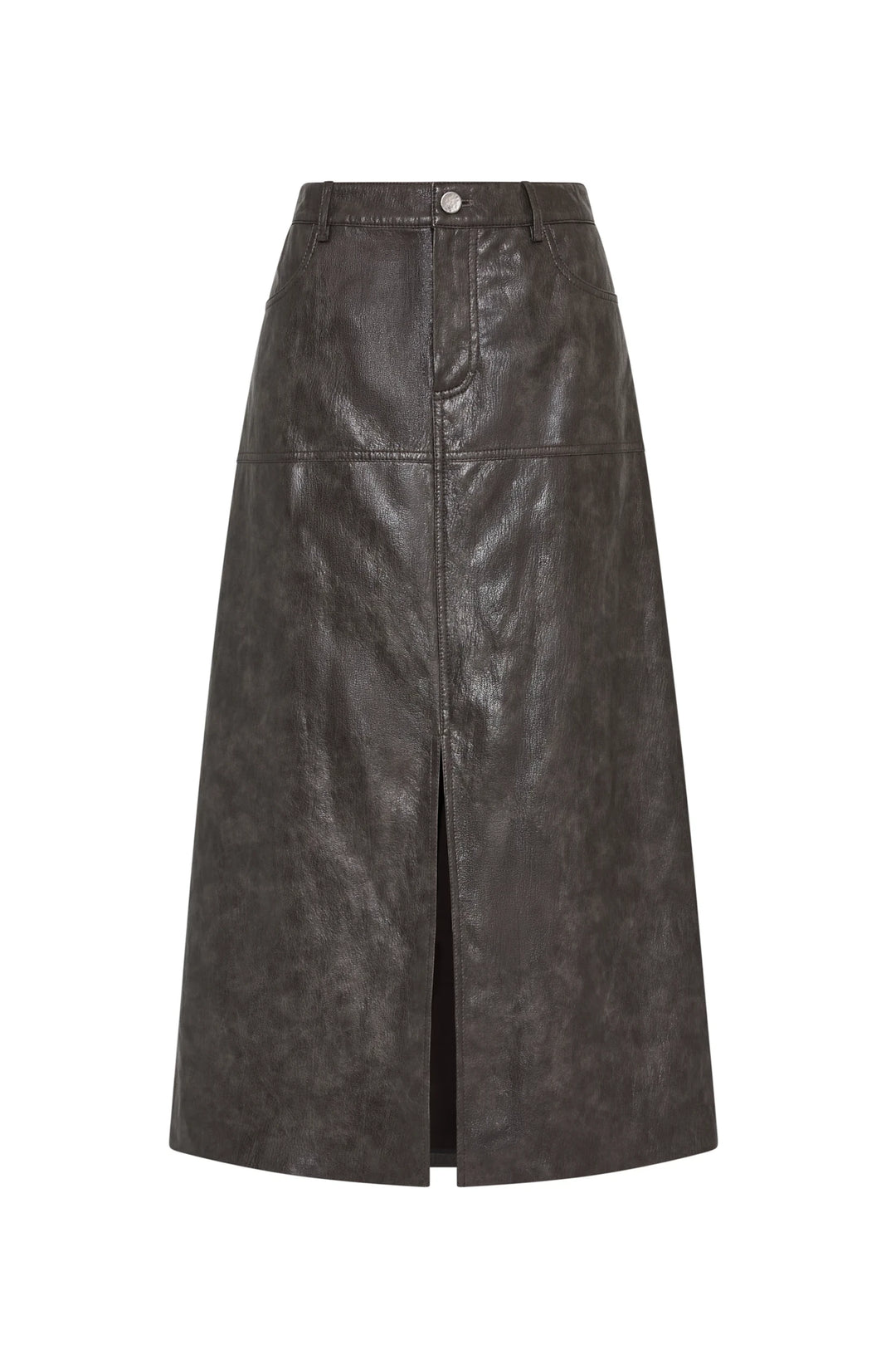 Black faux leather midi pencil skirt with front slit, belt loops, and precise seam detail; front view on white.