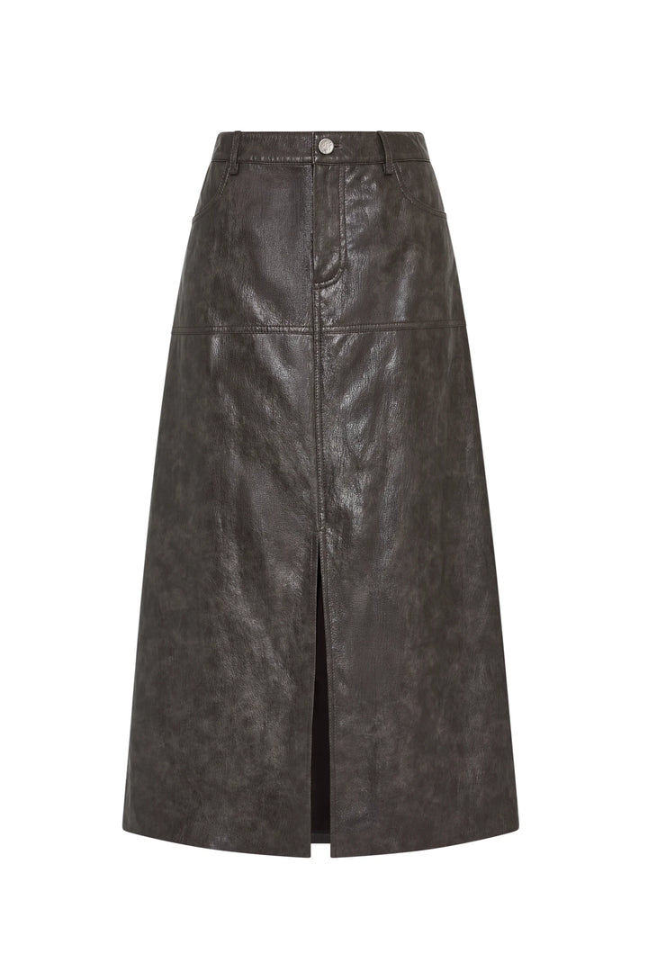 Black faux leather midi pencil skirt with front slit, belt loops, and precise seam detail; front view on white.