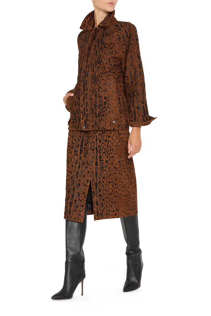 Melissa Leopard Suede Skirt, fitted mini silhouette in suede fabric. Front view on model.