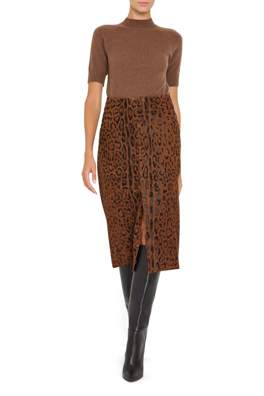 Straight-cut, above-knee skirt in suede with leopard print, clean hem—front view on model.