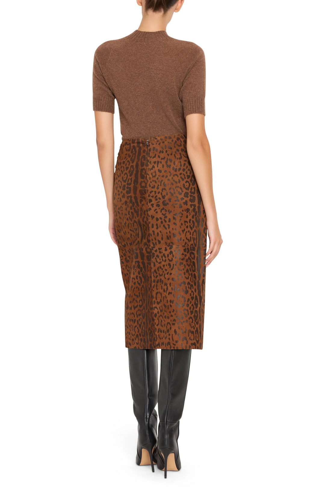 Leopard Suede Skirt with straight silhouette, knee length, smooth finish—back view on model.