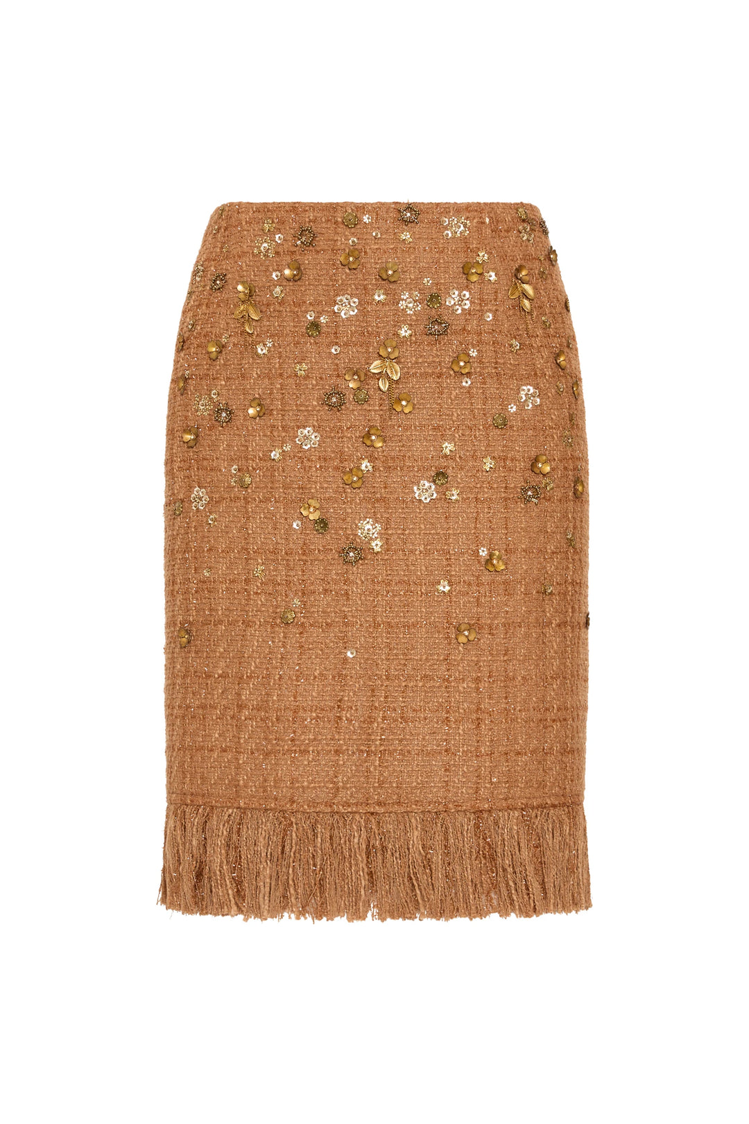 A-line brown tweed skirt, fringe hem, floral embellishments, textured fabric; front view on white.