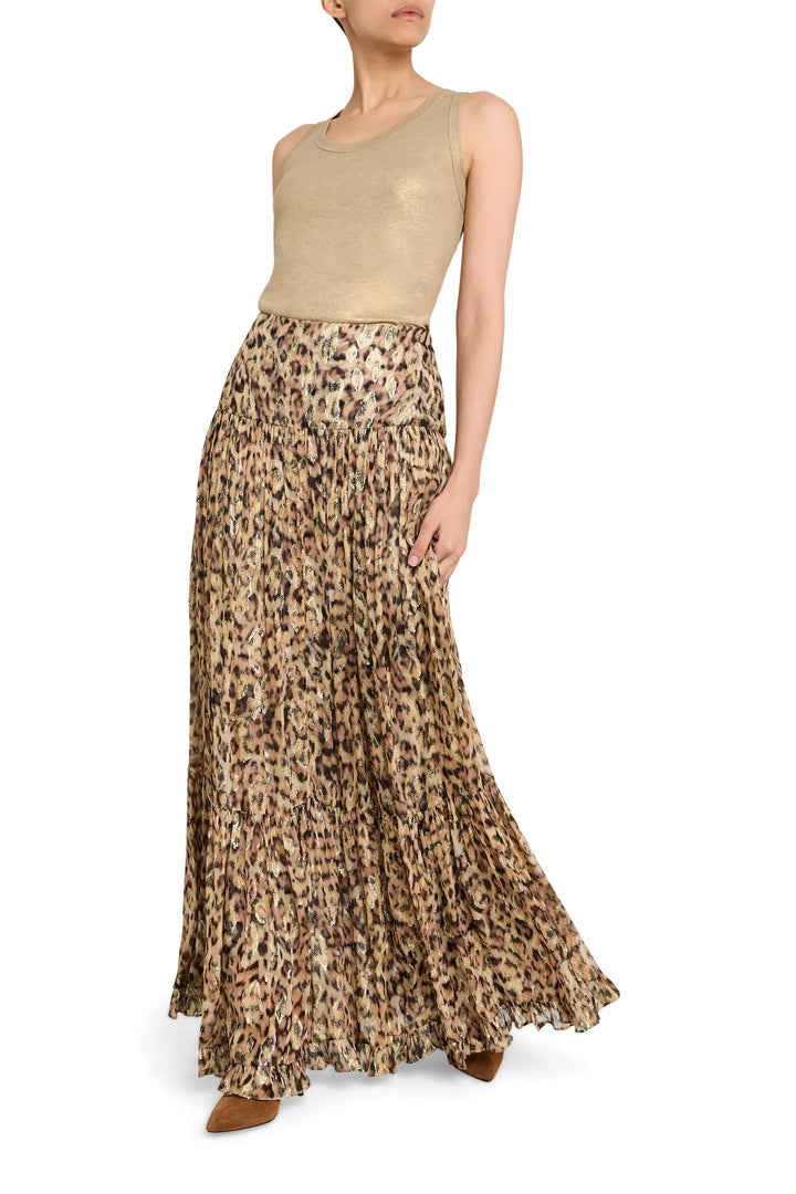 Long, fluid Shona Long Lurex Skirt with subtle shimmer and soft drape. Front view on model.