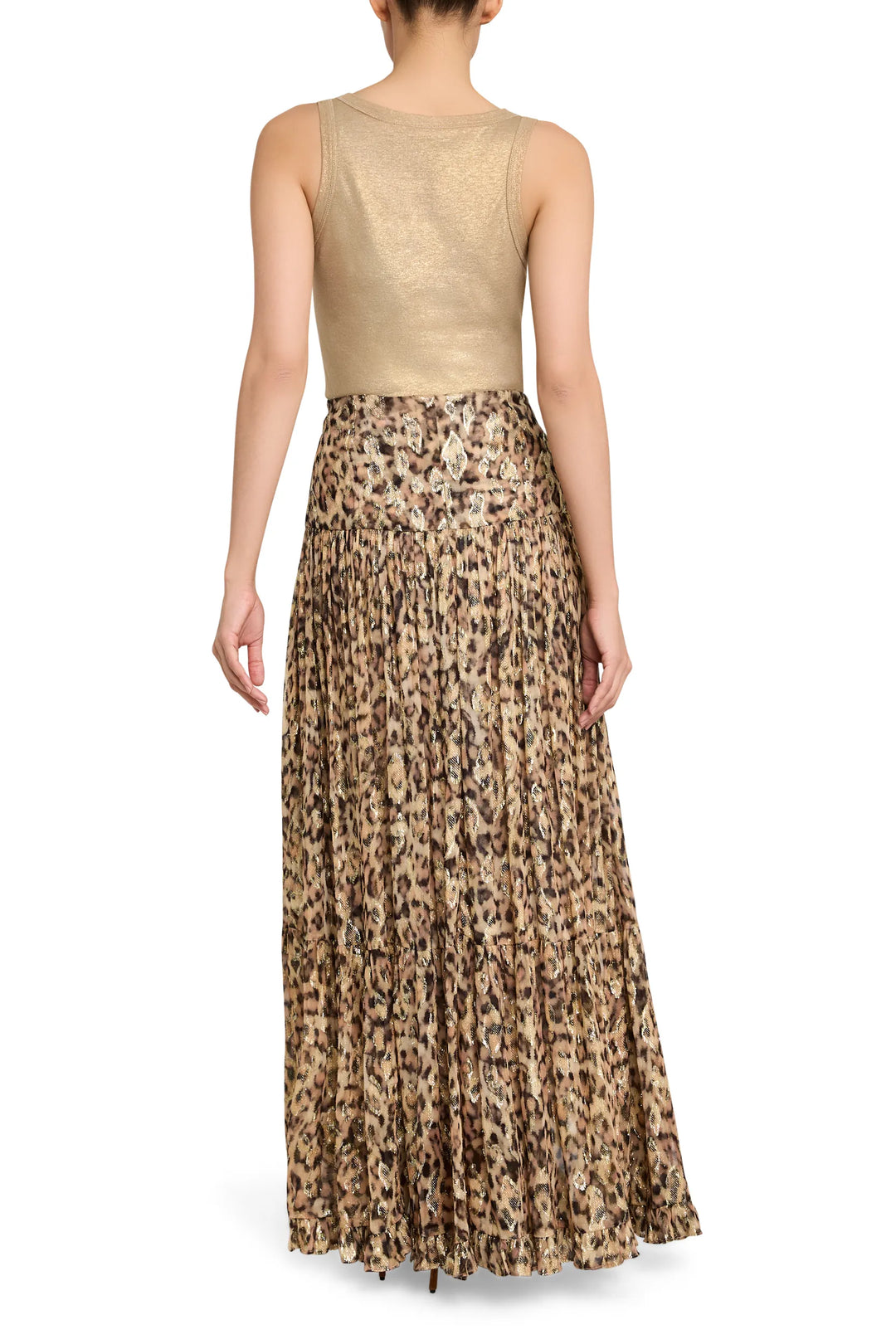 Shona Long Lurex Skirt, draped silhouette with metallic thread accents, maxi length; back view on model.