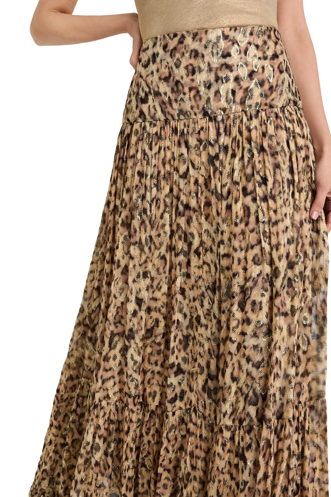 Shona Long Lurex Skirt; fluid silhouette, metallic lurex fabric, full-length hem. Front view on model.