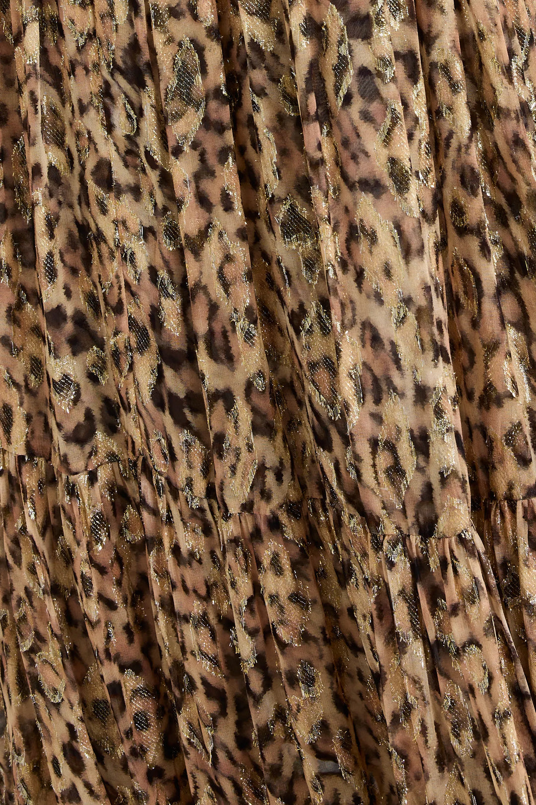 Detail of ruffled, pleated jacquard fabric with leopard print on the Shona Long Lurex Skirt; detail view.