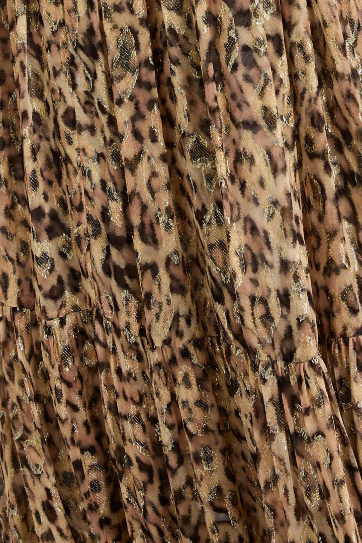 Detail of ruffled, pleated jacquard fabric with leopard print on the Shona Long Lurex Skirt; detail view.