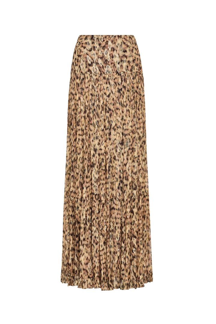 Long, pleated lurex skirt with flowing silhouette and leopard print pattern, shown in front view on white background.