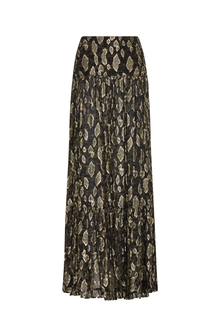 Long metallic jacquard skirt with gold leaf motif, tiered silhouette, ruffled hem, fitted waist. Front view on white.