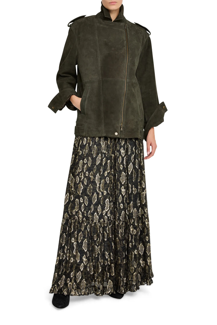 Metallic Shona Long Lurex Skirt with a tiered, voluminous silhouette and subtle shimmer, front view on model.