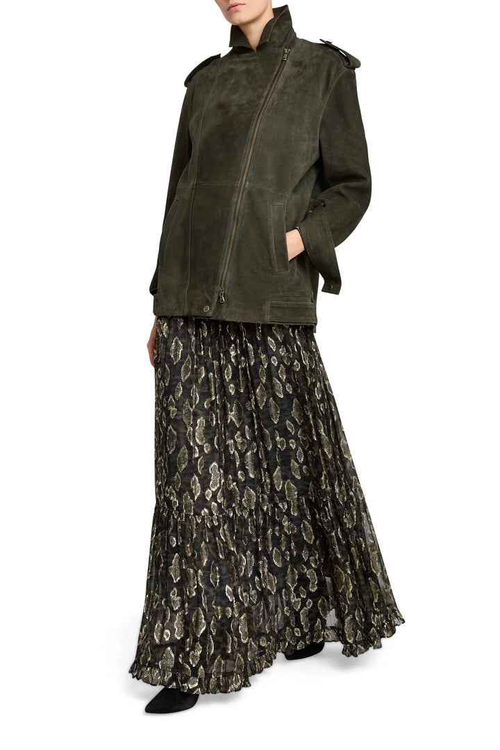 Shona Long Lurex Skirt with tiered silhouette, flowing shape, shimmering lurex fabric; front view on model.