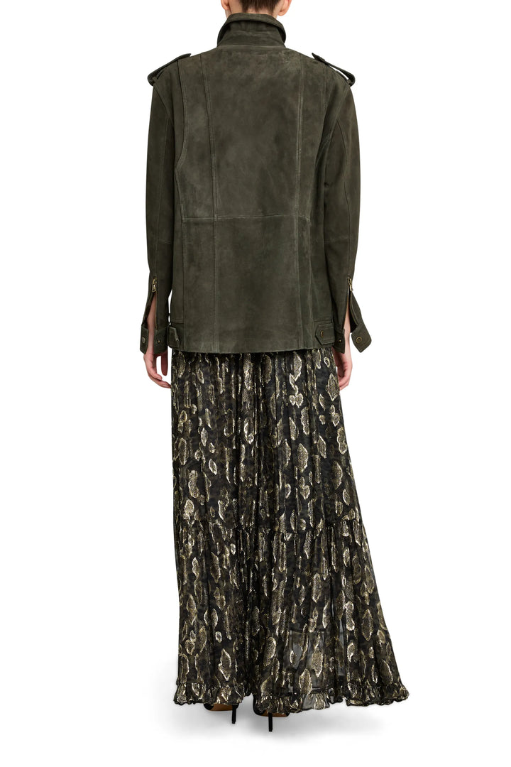 Long lurex skirt with draped, fluid silhouette and subtle shimmer, full length, back view on model.