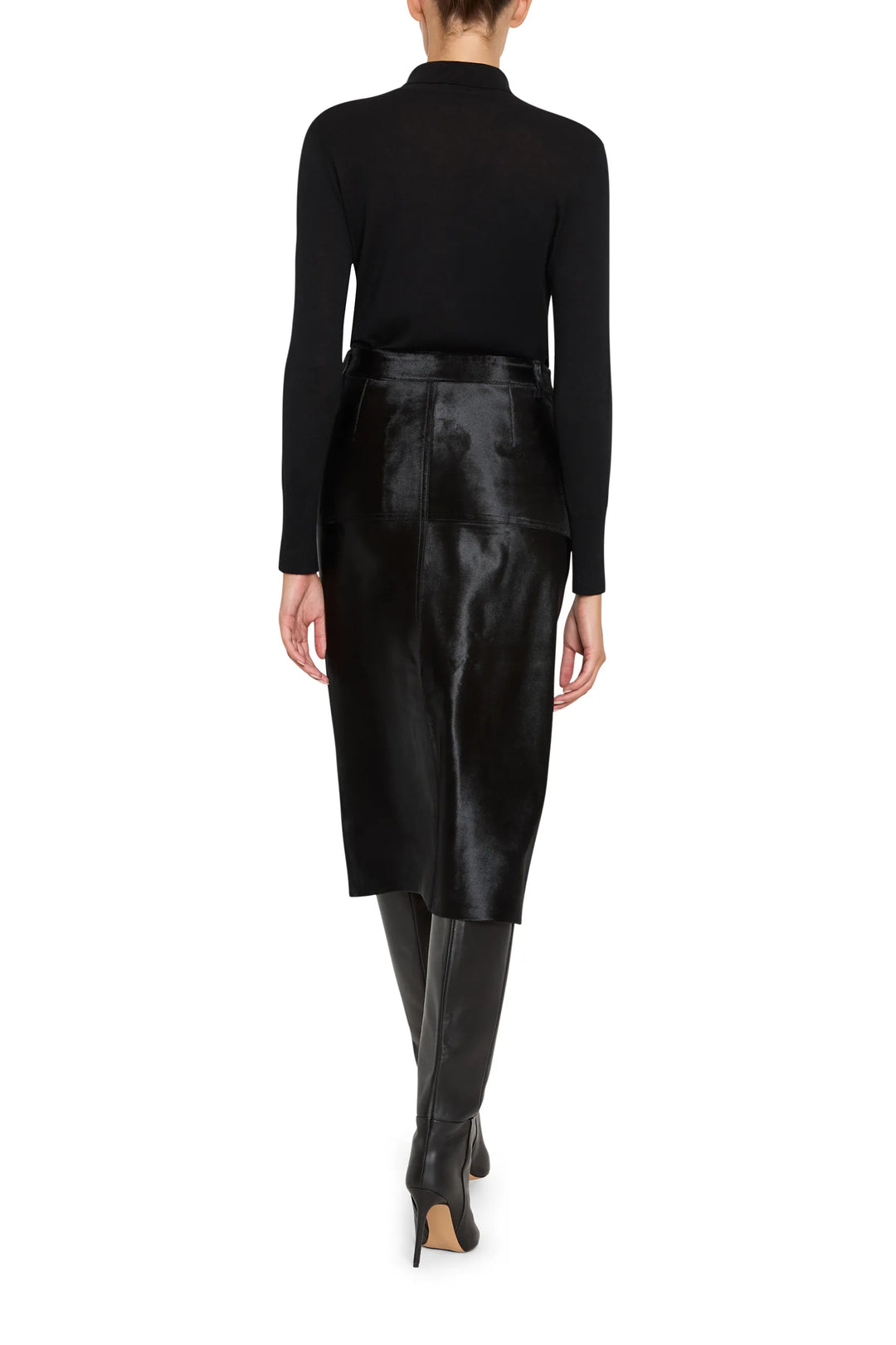 A-line Cindy Pony Skirt with soft structure and clean hem, fitted waist; back view on model.