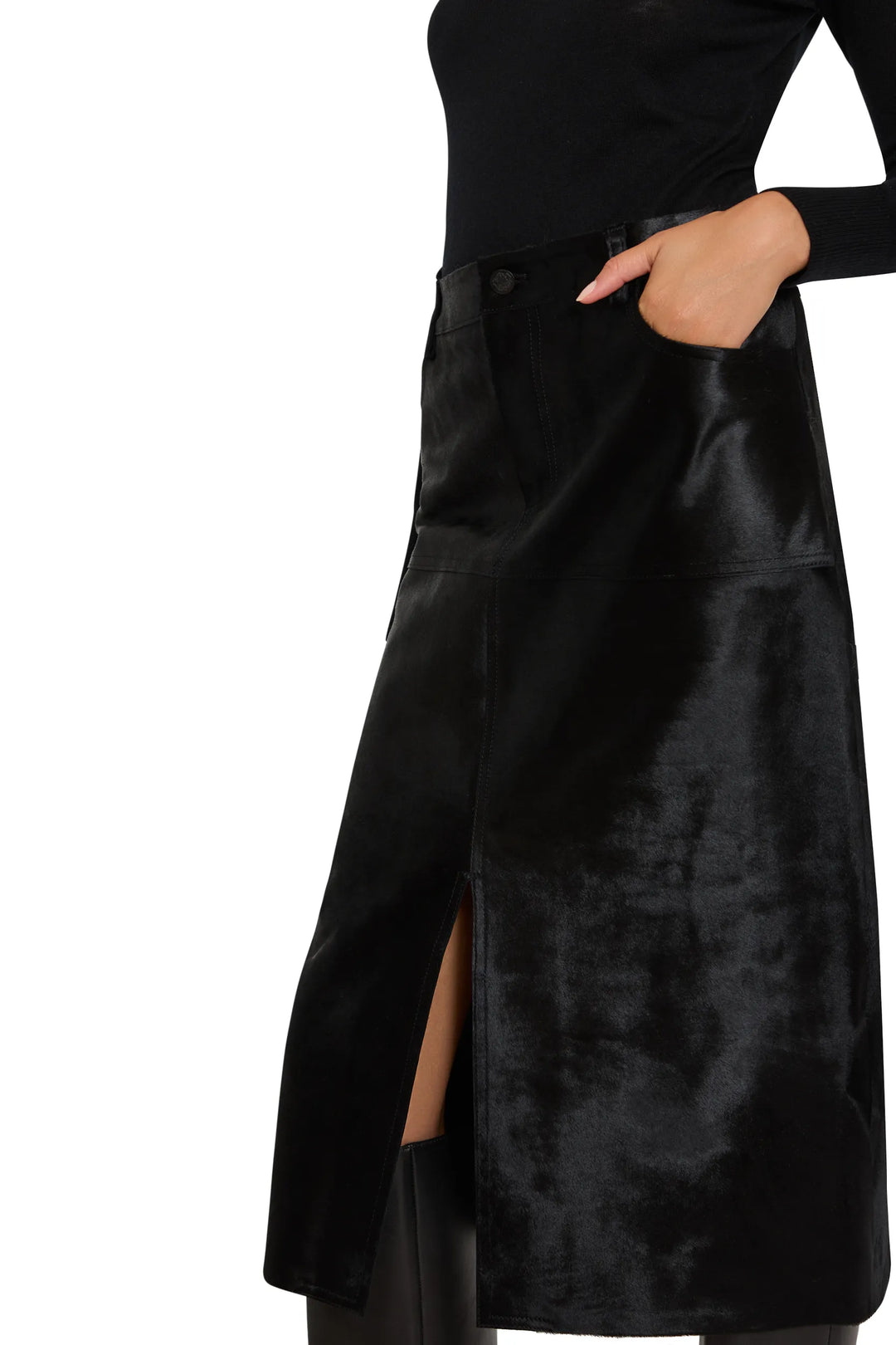 Cindy Pony Skirt with front slit, straight silhouette, knee length, tailored construction; front view on model.