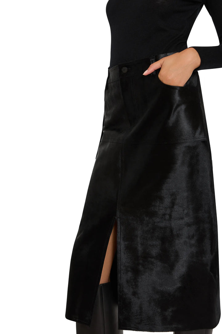 Cindy Pony Skirt with front slit, straight silhouette, knee length, tailored construction; front view on model.