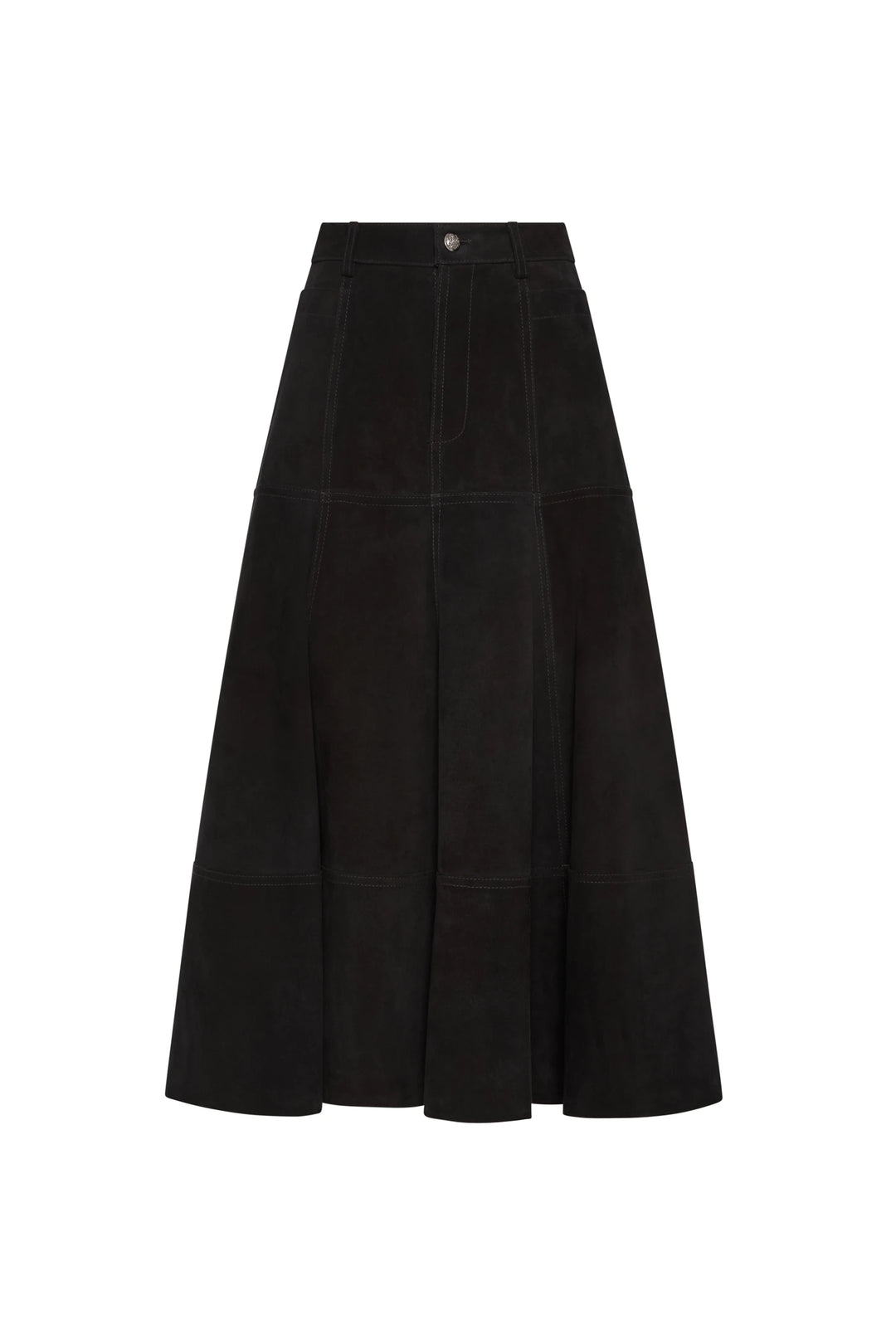 A-line suede midi skirt with panel construction and fitted waist, runway-inspired. Front view on white.