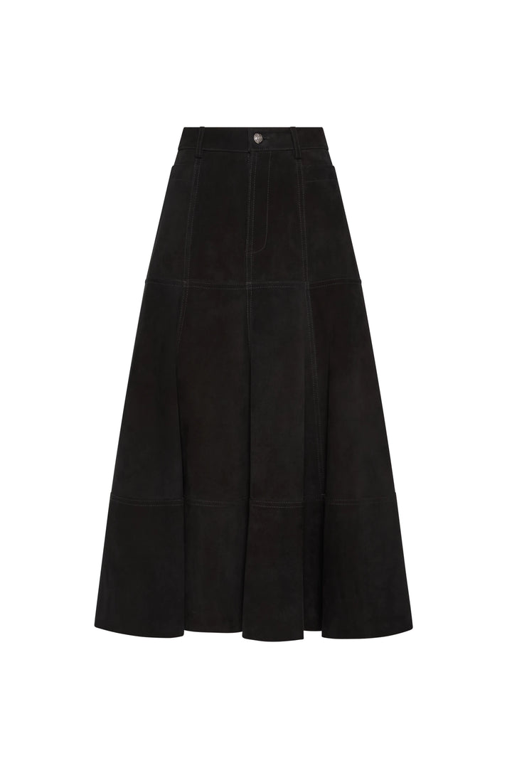 A-line suede midi skirt with panel construction and fitted waist, runway-inspired. Front view on white.