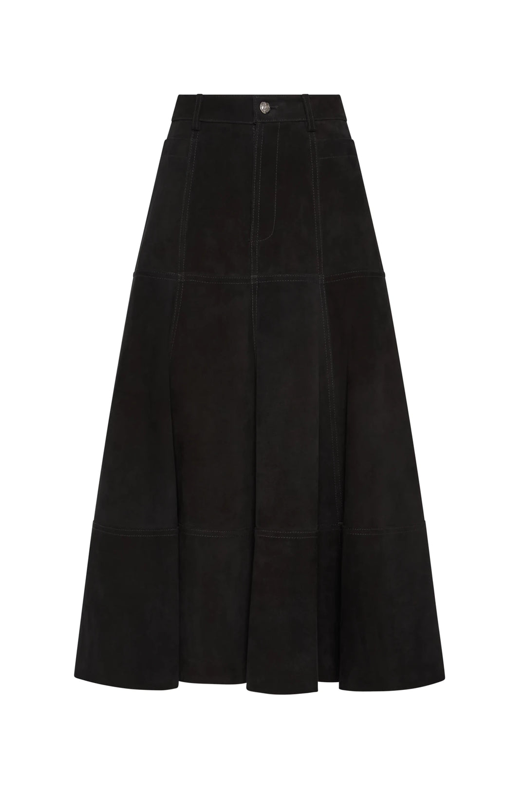 Black suede A-line mini skirt with panel construction and front button closure, front view on white.