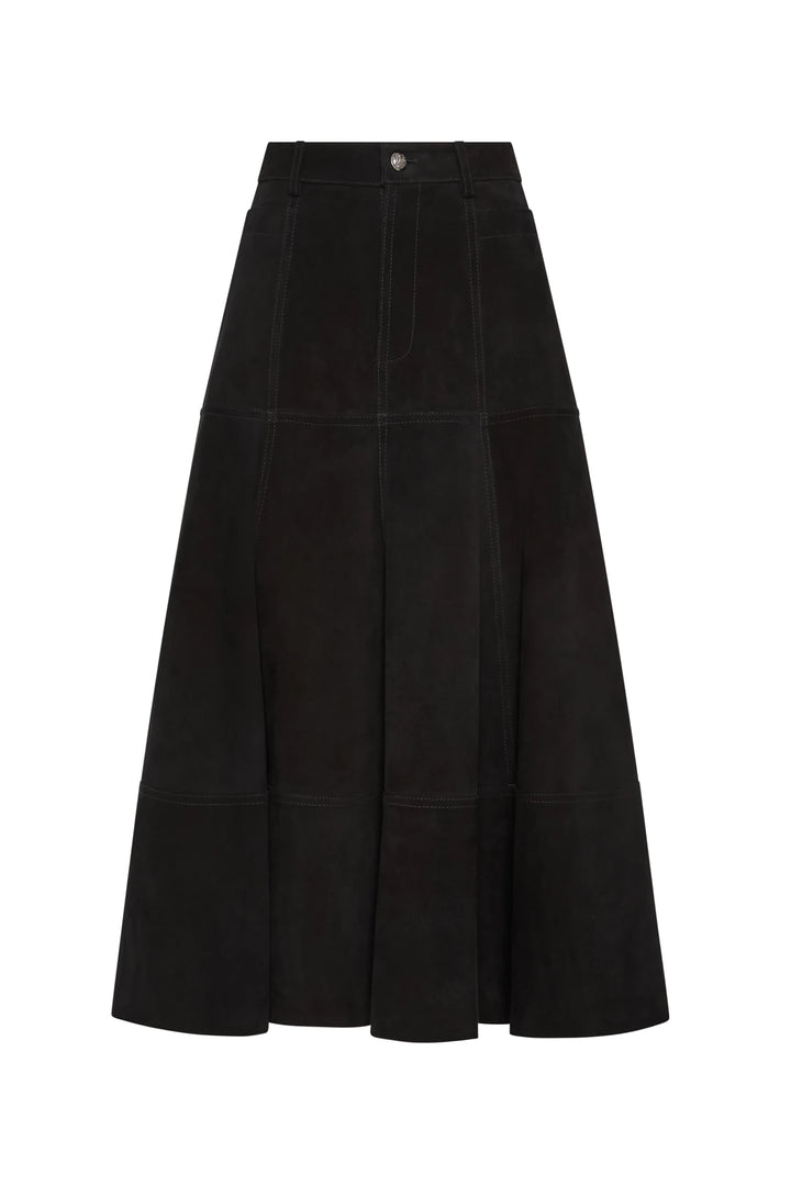 Black suede A-line mini skirt with panel construction and front button closure, front view on white.