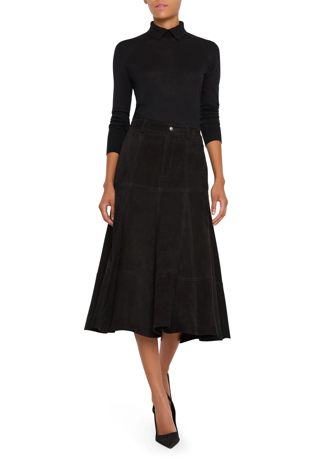 A-line suede mini skirt with panel construction and subtle topstitching, front view on white.