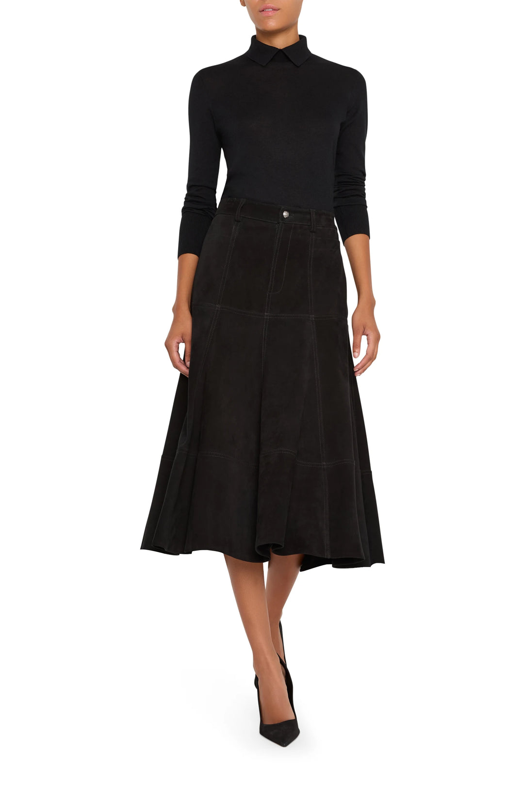A-line suede mini skirt with panel construction and subtle topstitching, front view on white.