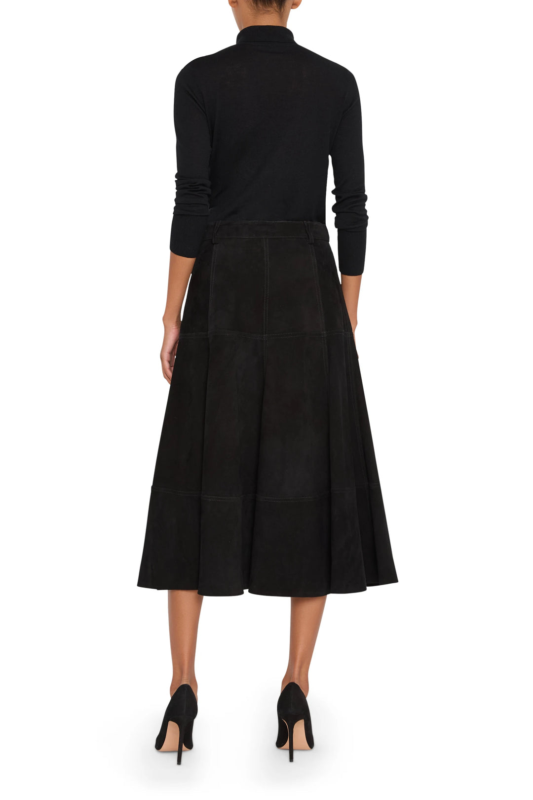 Connor Suede Skirt with straight silhouette and minimal seaming, soft suede fabric, back view on model.